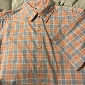 Sonoma Peach & Light Blue Plaid Short Sleeve Button-Up